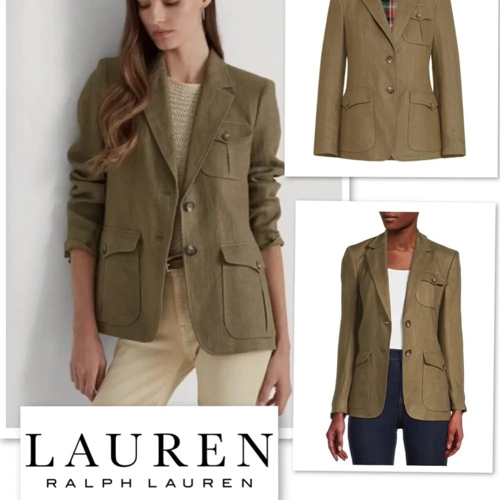 Lauren Ralph Lauren Herringbone Linen Blazer In Olive Fern Size 12 NWT $345 - Picture 1 of 12